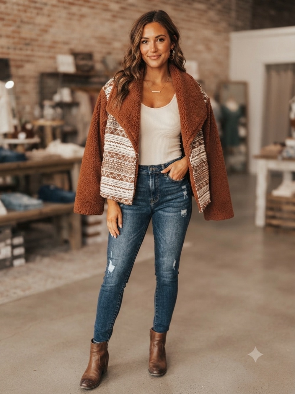 Southern Grace Rust Teddy Jacket with Patterned Front